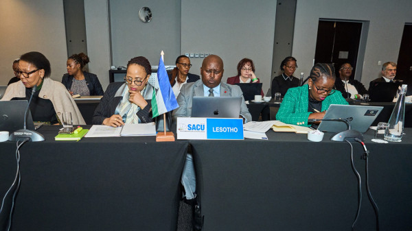 Minister of Finance and Development Planning of Lesotho Honourable Dr. Retšelisitsoe Matlanyane together with the Minister of Trade, Industry, Business Development and Tourism of Lesotho, Honourable Mokhethi Shelile as well as the Principal Secretary: Ministry of Finance and Development Planning of Lesotho, Ms. Nthoateng Lebona and other senior officials at the 51st Meeting of the SACU Council of Ministers which was held on 12 May 2025 in Johannesburg, South Africa.
