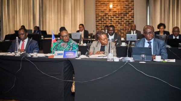 Minister of International Relations and Trade of Namibia, Honourable Amb. Selma Ashipala-Musavyi together with Executive Director in the Ministry of Finance of Namibia, Dr. Michael Humavindu and the Chairperson of the SACU Senior Trade Officials and Executive Director in the Ministry of International Relations and Trade, Ms. Ndiitah Nghipondoka-Robiati and other senior officials at the 51st Meeting of the SACU Council of Ministers which was held on 12 May 2025 in Johannesburg, South Africa.