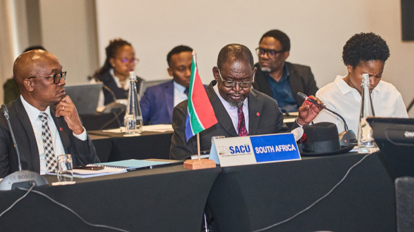 Minister of Trade, Industry and Competition of South Africa, Honourable Parks Tau together with the Minister of Finance of South Africa, Honourable Enoch Godongwana and and other senior officials at the 51st Meeting of the SACU Council of Ministers which was held on 12 May 2025 in Johannesburg, South Africa.