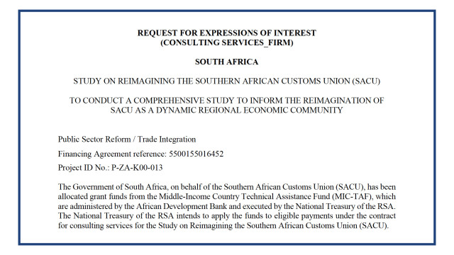 Request for Expressions of Interest: Study on Reimagining the Southern African Customs Union (SACU)