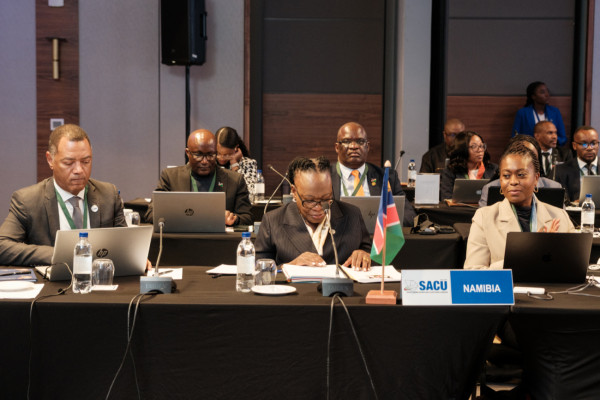 The Minister of International Relations and Trade of Namibia, Honourable Ambassador Selma Ashipala-Musavyi, at the 52nd Meeting of the SACU Council of Ministers, accompanied by her senior government officials.