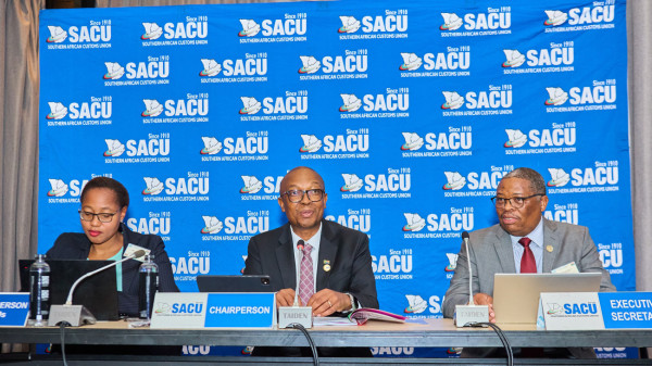 The Minister of Trade, Industry and Competition of South Africa, Hon. Parks Tau, together with the Chairperson of the STOs and Deputy Director-General in the Department of Trade, Industry and Competition of South Africa, Ambassador Xolelwa Mlumbi-Peter, and the Executive Secretary of SACU, Mr. Dumisani Masilela, &nbsp;during the Meeting of the SACU Ministers of Trade and Industry, held on the 13th March 2026 in Johannesburg, South Africa, to review progress made on key trade and policy matters affecting the region and provide the necessary guidance to the Senior Trade Officials.