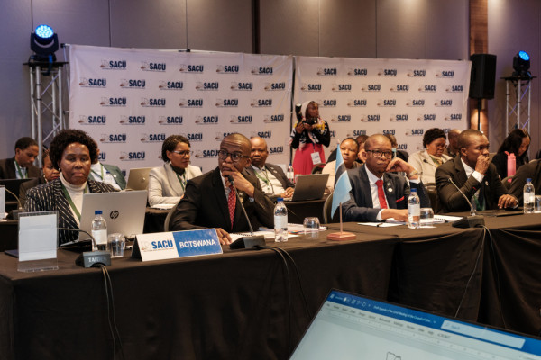 The Vice-President and Minister of Finance of Botswana, H.E. Ndaba Nkosinathi Gaolathe, and the Minister of Trade, Honourable Tiroyaone Ntsima, at the 52nd Meeting of the SACU Council of Ministers, accompanied by their senior government officials.
