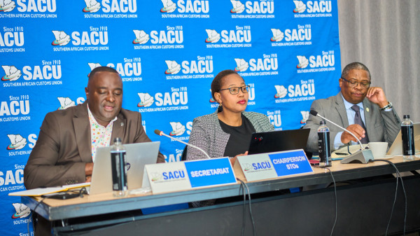 The Chairperson of the STOs and Deputy Director-General in the Department of Trade, Industry and Competition of South Africa, Ambassador Xolelwa Mlumbi-Peter, together with the Executive Secretary of SACU, Mr. Dumisani Masilela, and the Director: Policy Development and Research, Mr. Benjamin Katjipuka, during the Strategic Meeting of the Senior Trade Officials held on 9 – 12 March 2026 in Johannesburg, South Africa. As a norm, the STOs convene to review SACU’s trade negotiation agenda and consider key policy and trade-related developments to be undertaken during the course of the year.
