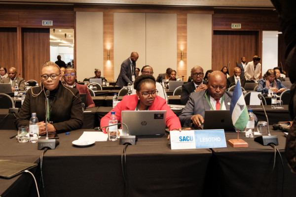 The Minister of Trade, Industry, Business Development and Tourism of Lesotho, Honourable Mokhethi Shelile, at the 52nd Meeting of the SACU Council of Ministers, accompanied by his senior government officials.